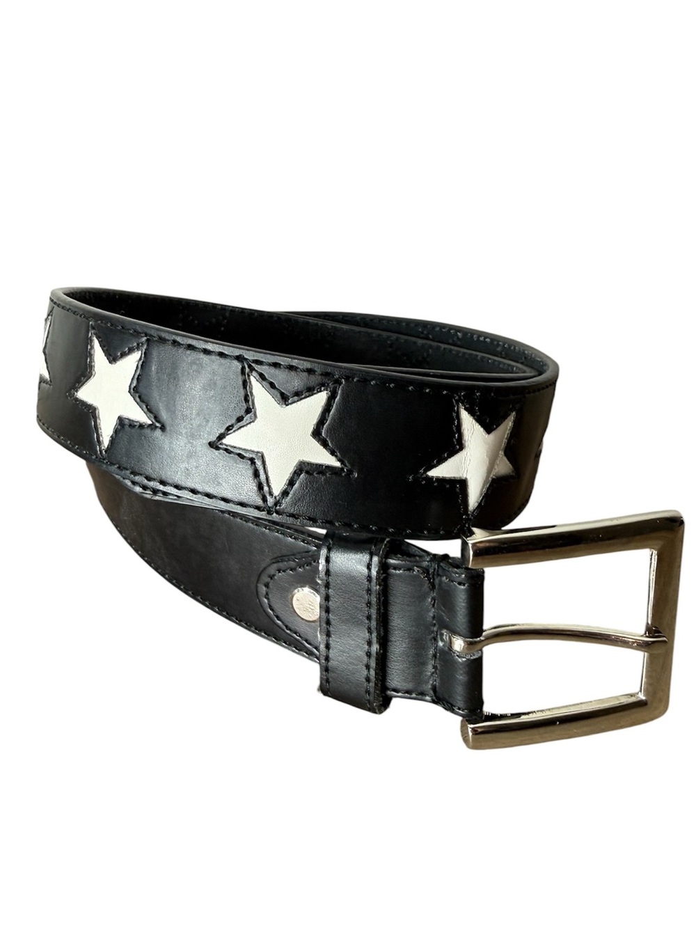 Black Leather Belt White Stars Western Y2K Rockabilly Rock & Roll Edgy Medium